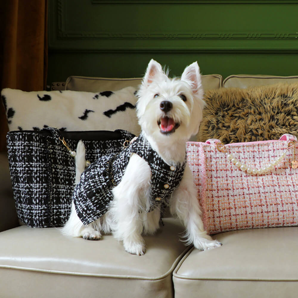Designer pet bag for small cats & dogs, tweed fabric, portable, ideal for luxury pet travel.