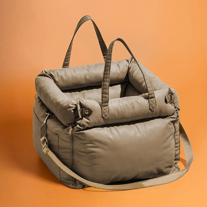 Luxury cat car seat, 125 characters, with soft interior for comfortable and safe pet travel
