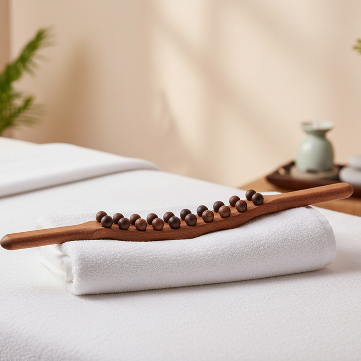 Luxury wood Gua Sha stick for deep muscle relief & relaxation. Natural body massage tool.