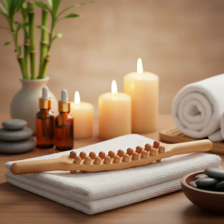 Ergonomic wood Gua Sha body massager for back, neck, leg muscle therapy & tension release. Self-care.