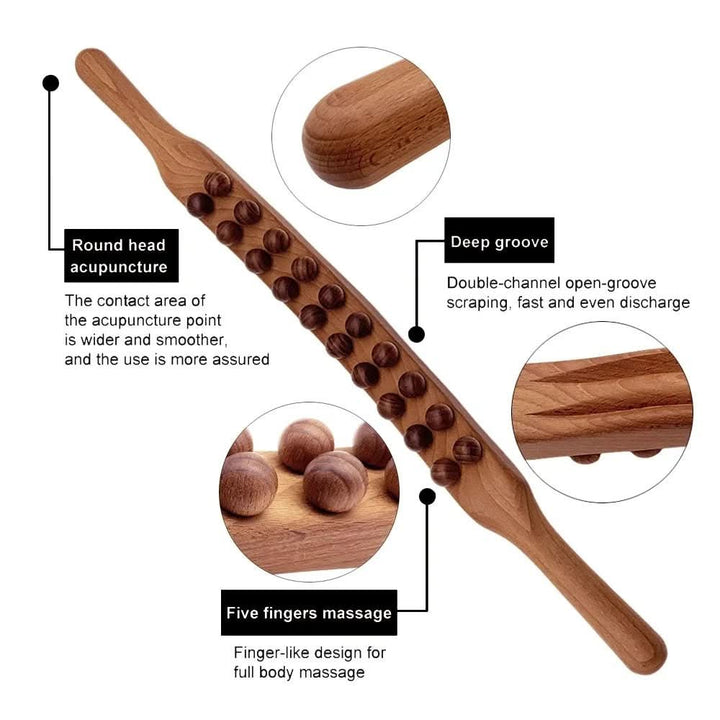 Handcrafted natural wood Gua Sha for luxurious self-massage & muscle tension relief. Blood circulation.