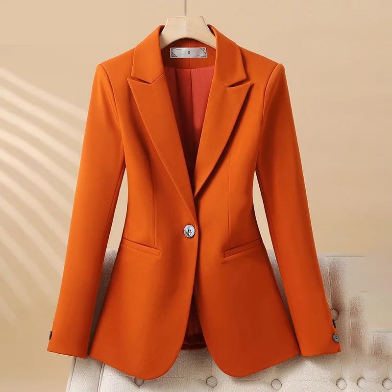 Elegant women's fitted blazer with notch lapel, perfect for professional office wear & formal attire.