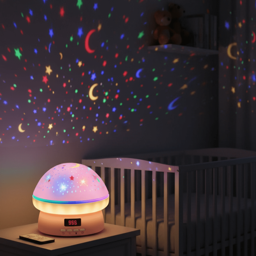 Magical mushroom night light for kids, 16 LED colors, and auto-off timer. Perfect for nursery ambiance.