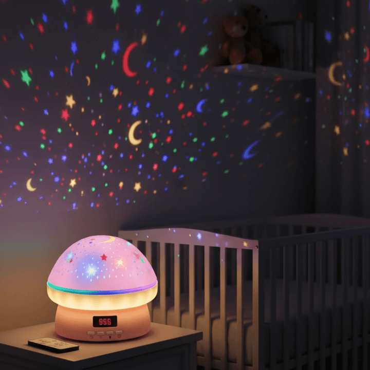Magical mushroom night light for kids, 16 LED colors, and auto-off timer. Perfect for nursery ambiance.