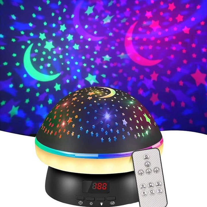 Colorful LED mushroom night light with star projector for child's room decor, ideal gift.