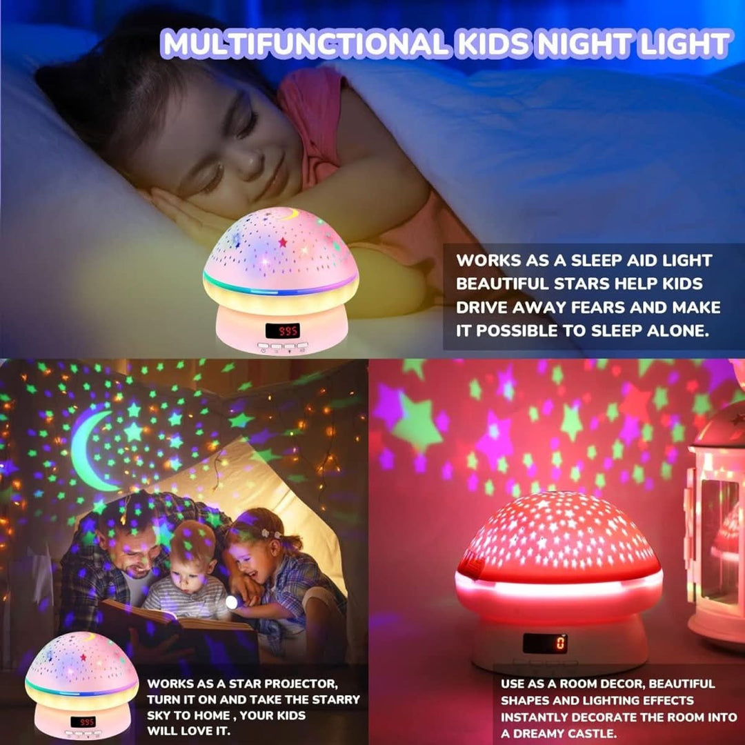 Soothing mushroom lamp with star projection, 16 colors, and a timer for peaceful sleep.