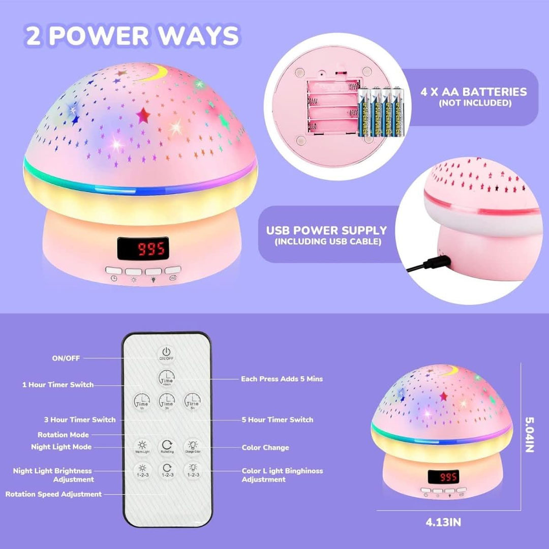 Enchanting mushroom lamp, 16-color LED, and star projector for a dreamy nursery atmosphere.