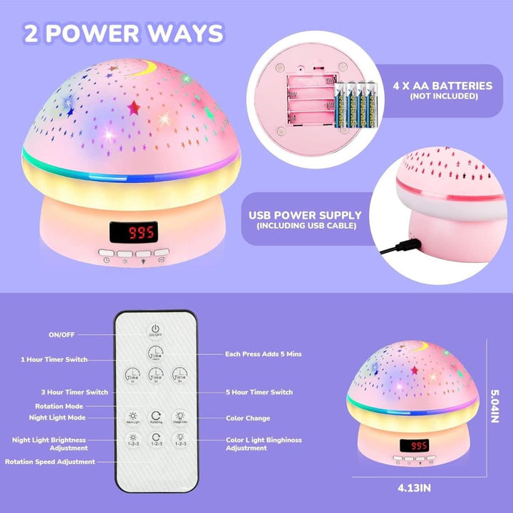 Enchanting mushroom lamp, 16-color LED, and star projector for a dreamy nursery atmosphere.