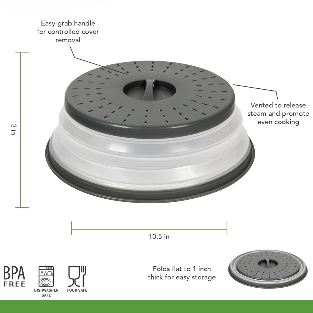 Eco-friendly reusable foldable silicone microwave food cover. Space-saving design for modern kitchens.