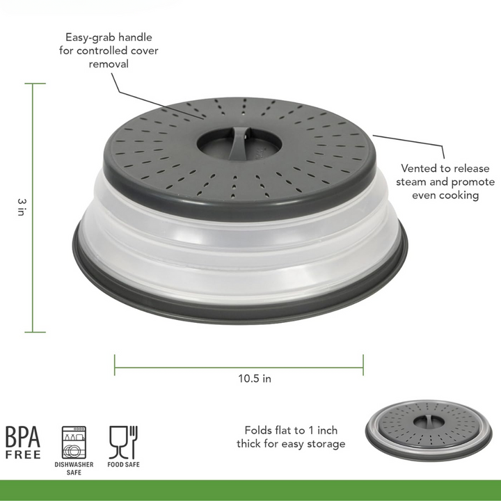 Eco-friendly reusable foldable silicone microwave food cover. Space-saving design for modern kitchens.