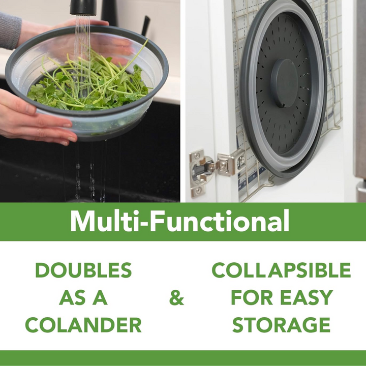 Foldable silicone microwave splatter lid for easy cleaning & storage. A must-have kitchen accessory.