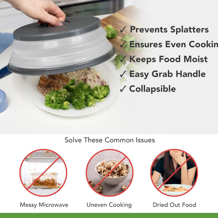 Durable silicone microwave splatter cover. Foldable design for compact storage. Keeps food warm and mess-free.