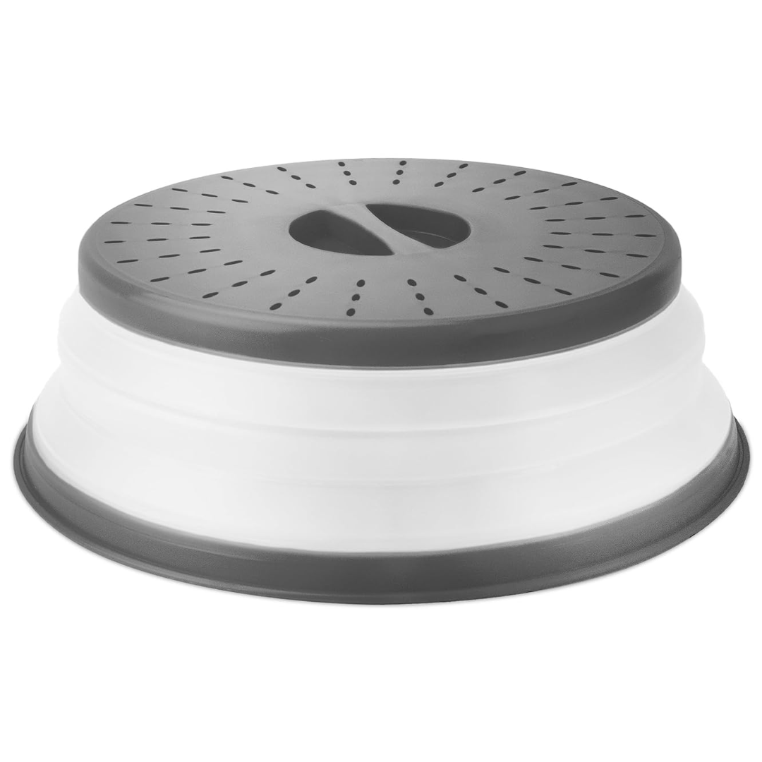 Foldable silicone microwave splatter lid keeps food moist & oven clean. Reusable food cover.