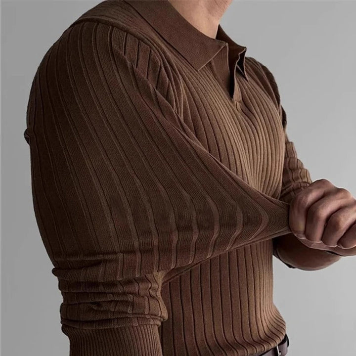Versatile women's ribbed knit long sleeve polo, a stylish V-neck top for various casual occasions.