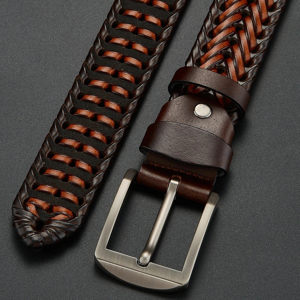 Men's durable braided cowhide leather belt with a sleek silver buckle, ideal for daily use.