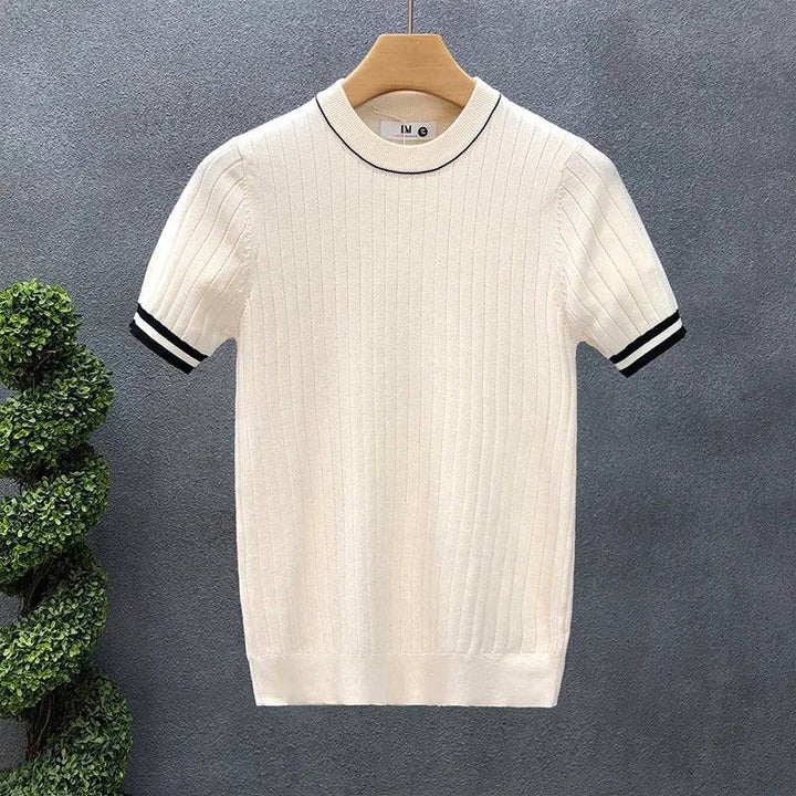 Cream men's everyday crewneck sweater. Soft, versatile knitwear pullover for casual comfort and elegant style.