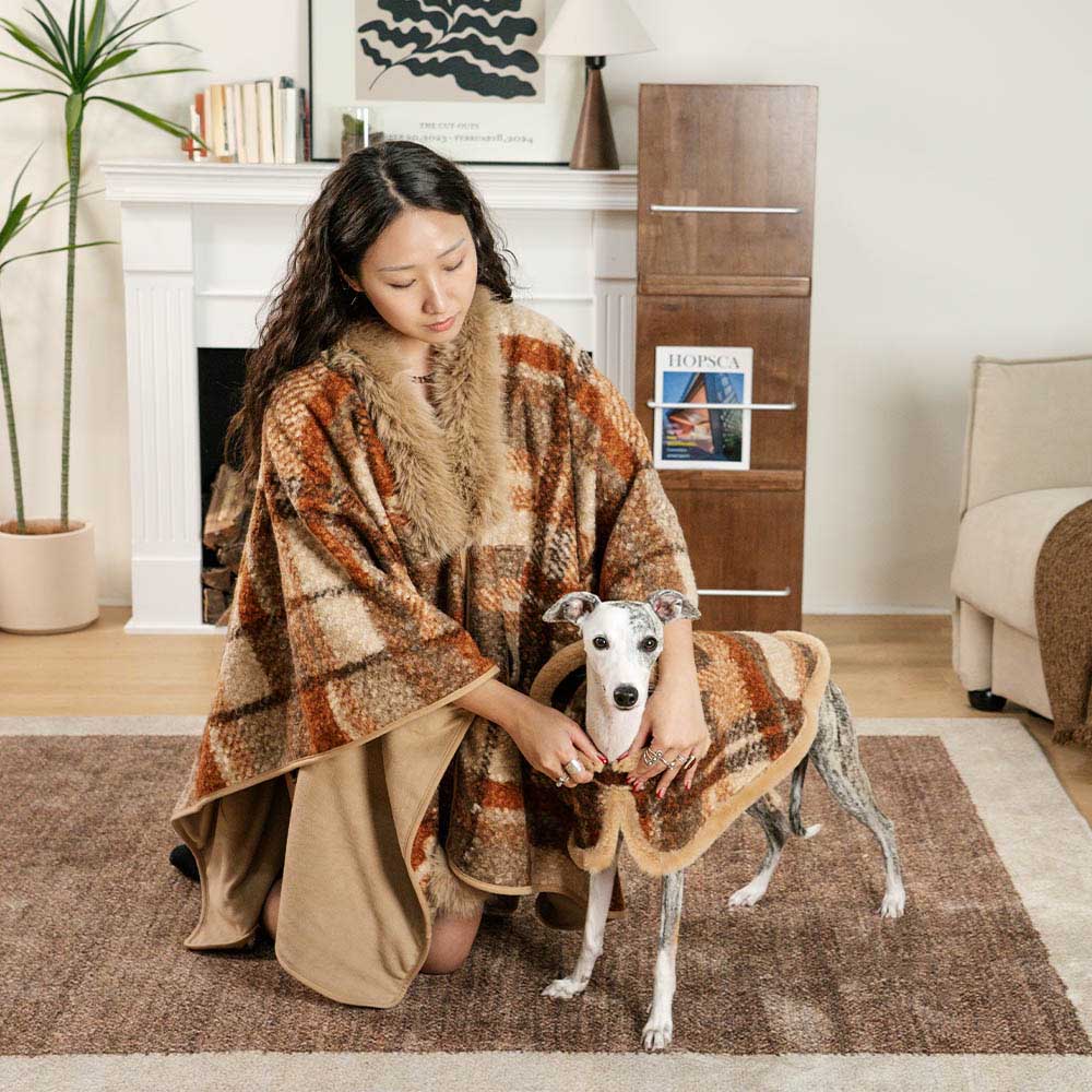 Red plaid dog poncho styled with other winter accessories, cozy and fashionable pet clothing.