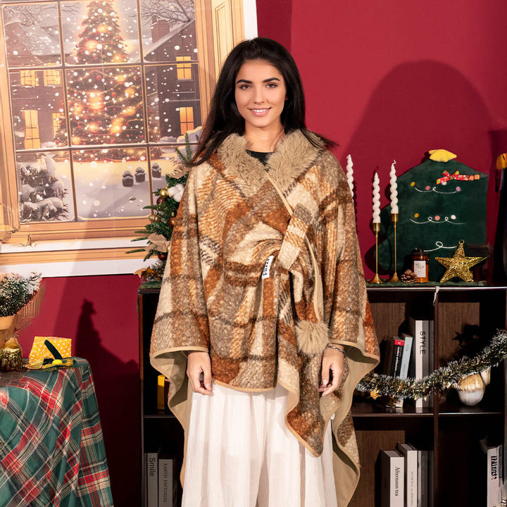 A range of sizes for the dog plaid poncho, showing different fits for various breeds.