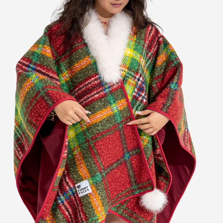 Matching pet owner and dog plaid ponchos, a perfect gift set for animal lovers, winter fashion.
