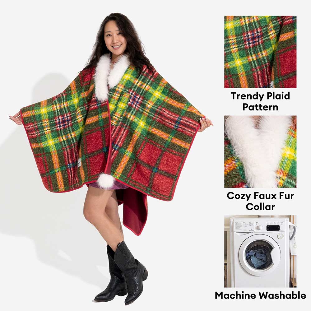 Detailed texture of the polar fleece plaid poncho, soft and warm dog apparel material.