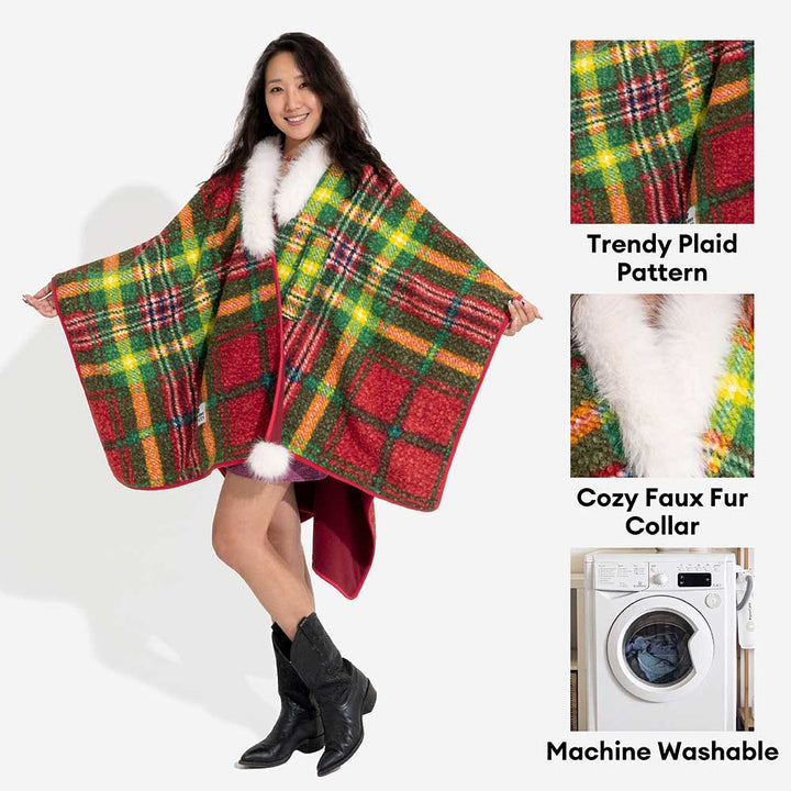 Detailed texture of the polar fleece plaid poncho, soft and warm dog apparel material.