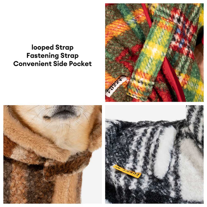 Matching red plaid ponchos for a small dog and owner, adorable cozy pet fashion.