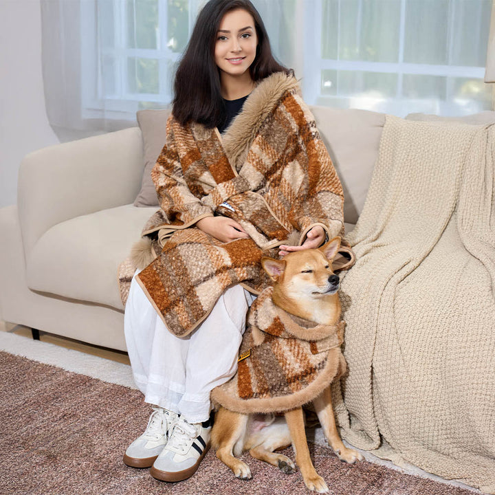 Plaid poncho for dog, red and black check, warm polar fleece pet clothing for winter fashion.