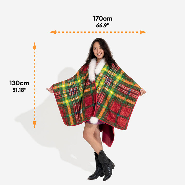 Owner and dog in matching plaid ponchos, celebrating the holidays, cozy pet accessories.