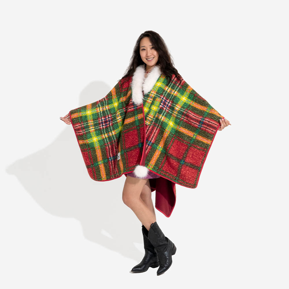 Plaid poncho set for owner and pet, ready for winter adventures, practical dog apparel.
