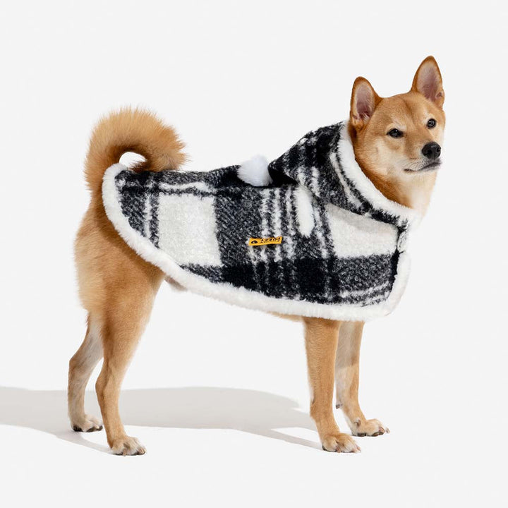 Matching pet and owner plaid ponchos, perfect holiday outfits, warm dog apparel and human wear.