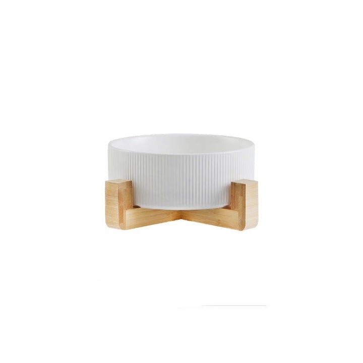 Pet feeding bowls with wooden stand, designed for easy access and spill prevention for any pet.