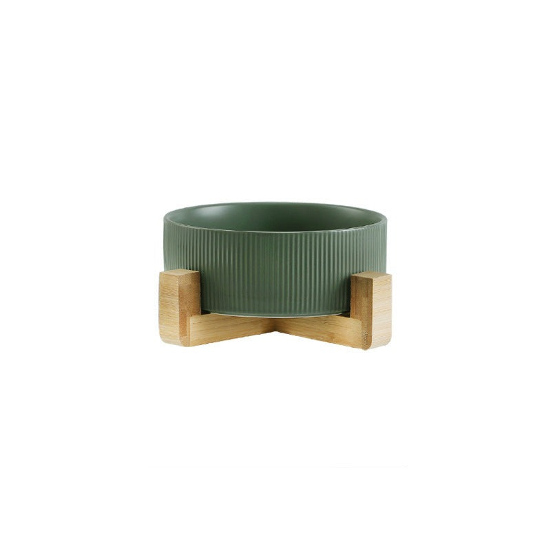 Close-up of the natural grain of the wooden stand, complementing the matt ceramic pet bowls.