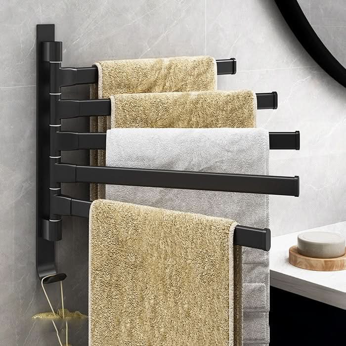 Matte black 5-arm swivel towel bar, wall mounted for bathroom organization & space saving. Modern towel holder.