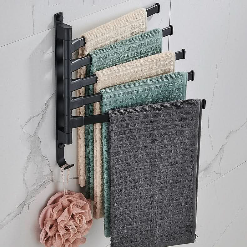 Durable metal 5-arm swivel towel bar in matte black, perfect for organizing bathroom towels & maximizing space.