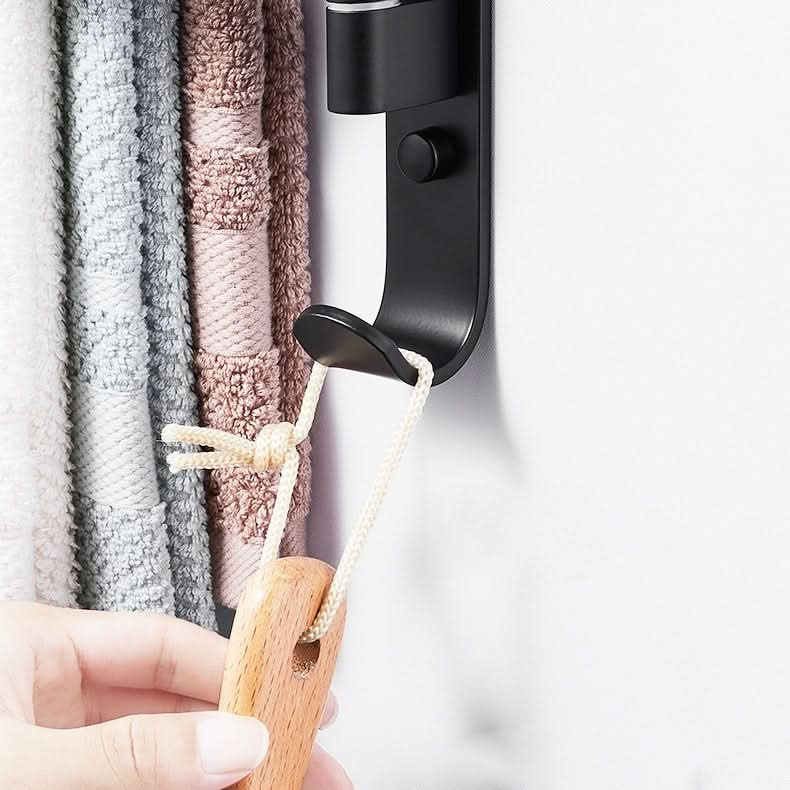 Organize your bathroom with this sleek matte black 5-arm swivel towel bar, a wall-mount space-saving solution.