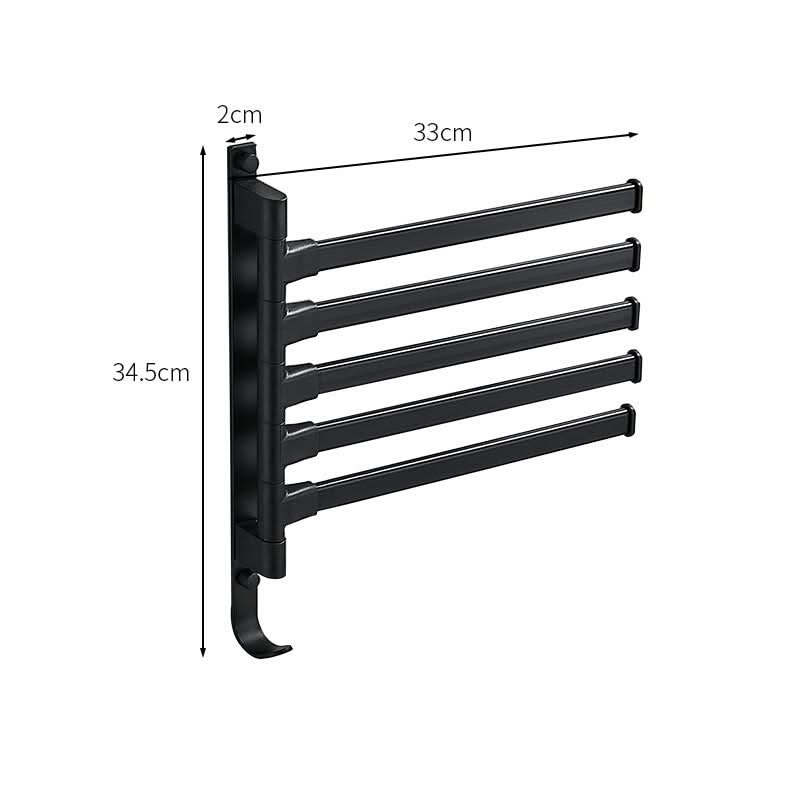 Practical 5-arm swivel towel bar in matte black for hanging multiple towels. Wall-mounted bathroom organization.