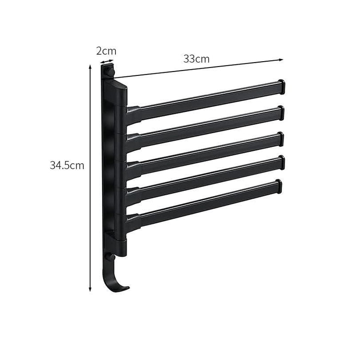 Practical 5-arm swivel towel bar in matte black for hanging multiple towels. Wall-mounted bathroom organization.