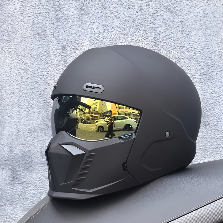 Matte black full face modular motorcycle helmet. Unisex DOT/ECE certified riding gear for safety & protection.