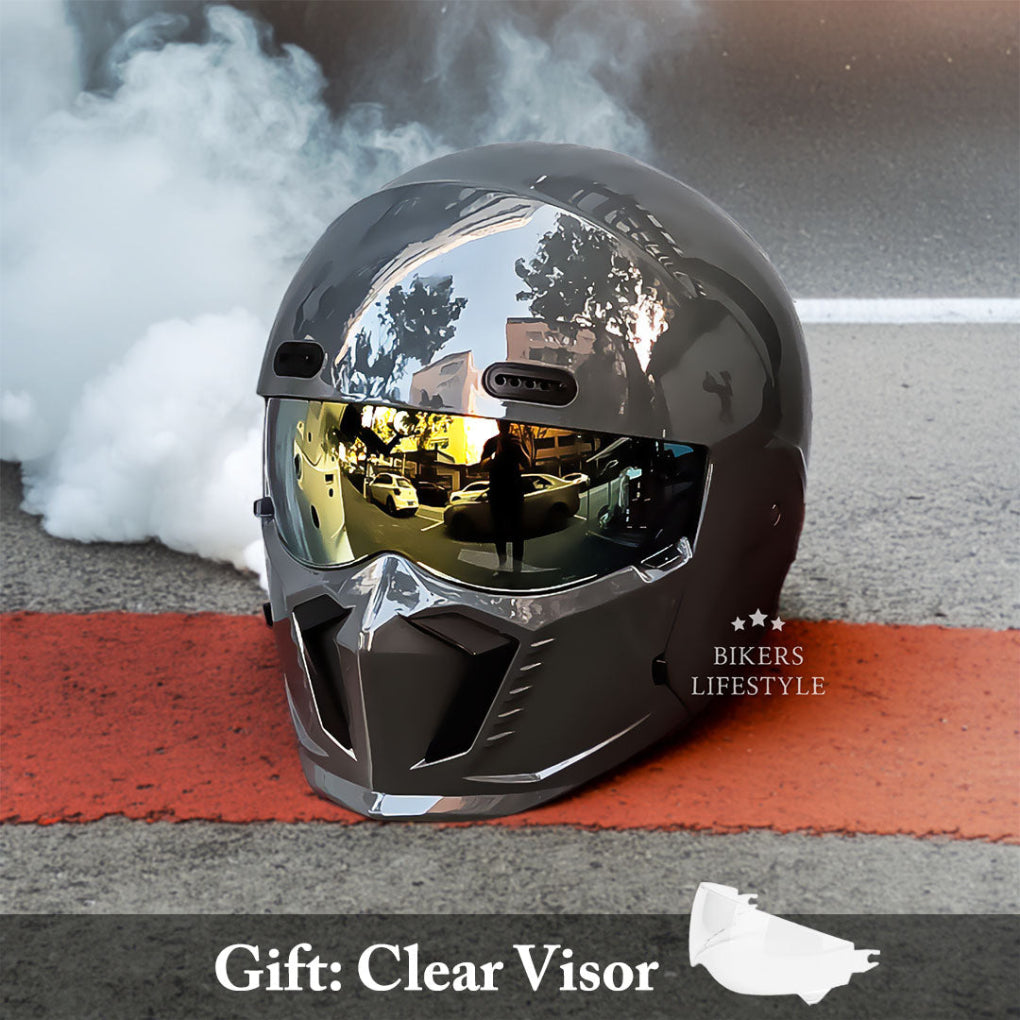 Side view of a matte black full face modular motorcycle helmet. Showcases sleek design and protective features.