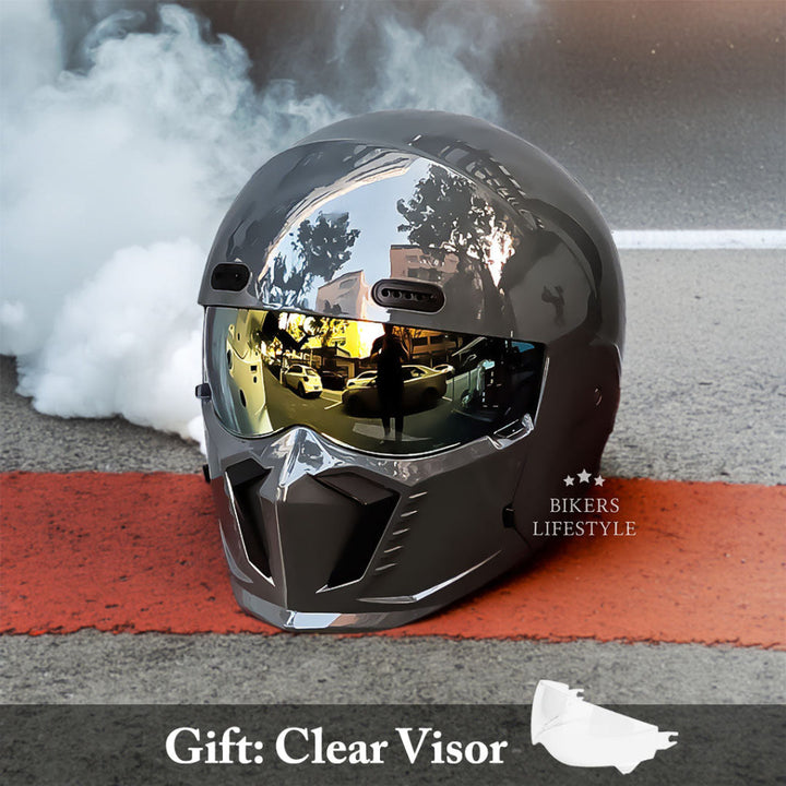 Side view of a matte black full face modular motorcycle helmet. Showcases sleek design and protective features.