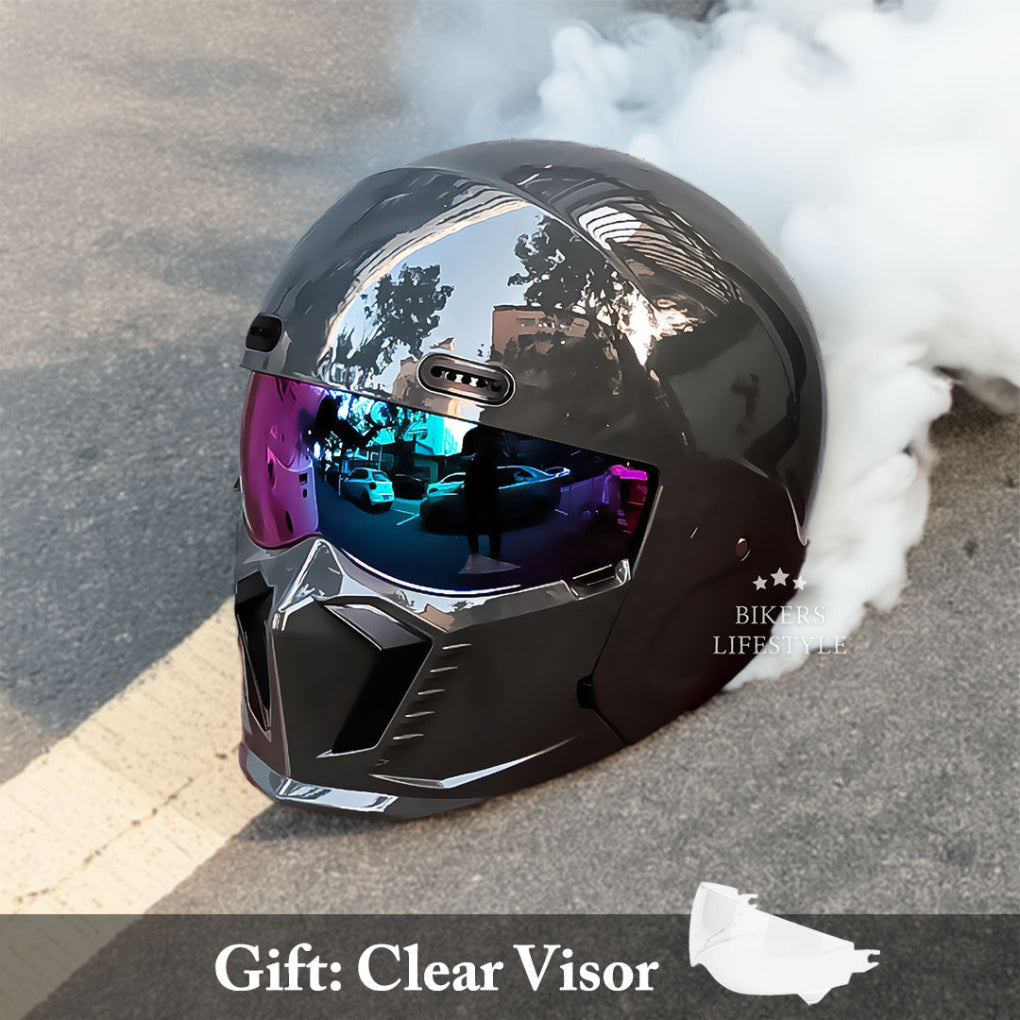 Modular matte black motorcycle helmet with open face option. Offers versatile full face protection when closed.