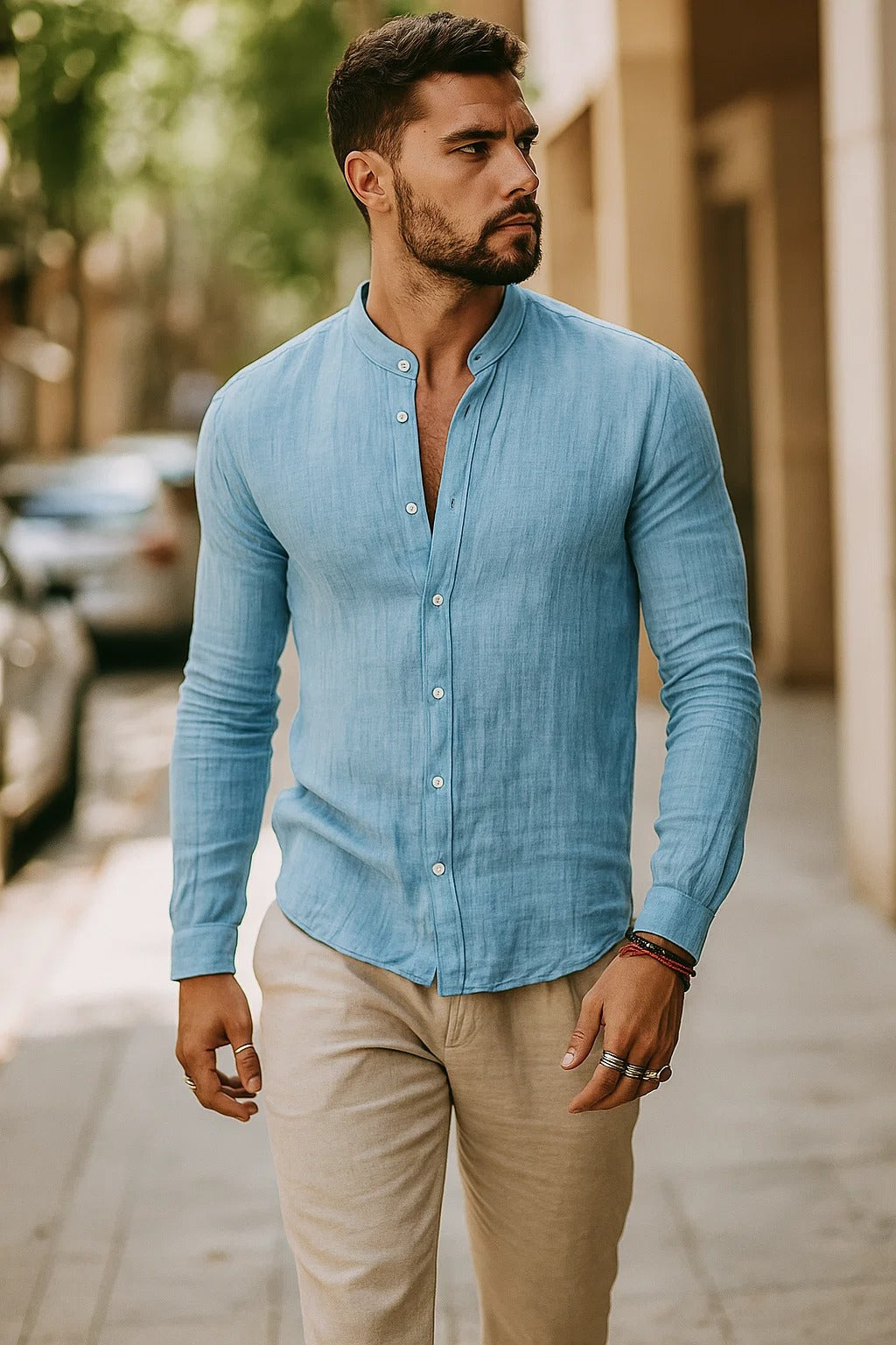 Men's fashion 3/4 sleeve shirt. Modern, relaxed fit top for stylish spring summer outfits.