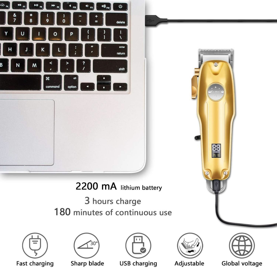Cordless electric hair trimmer providing a clean, even haircut. Versatile men's grooming tool for various styles.