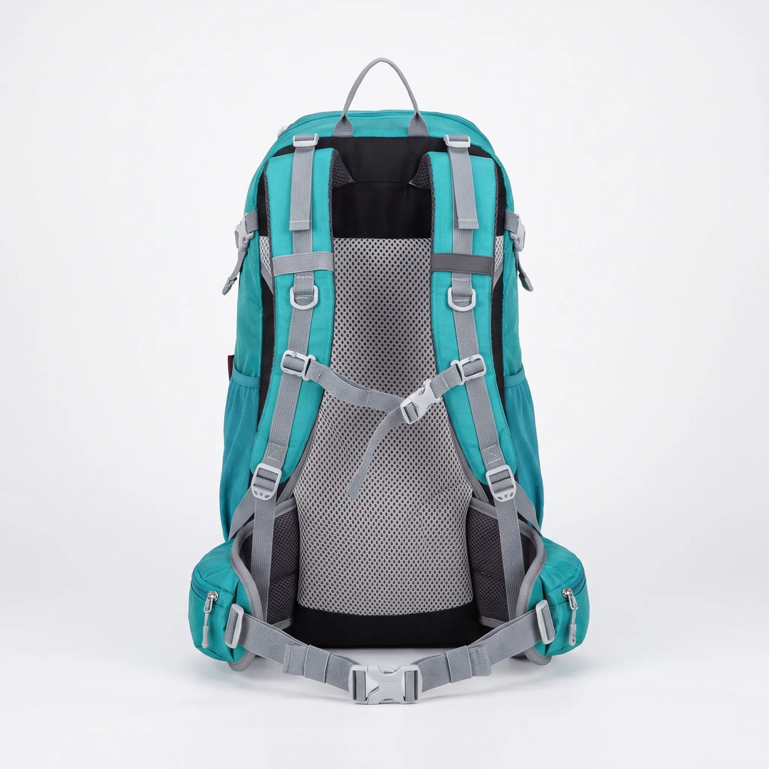 Side view: Rugged nylon men's 30L hiking daypack with storage pockets for outdoor adventures.