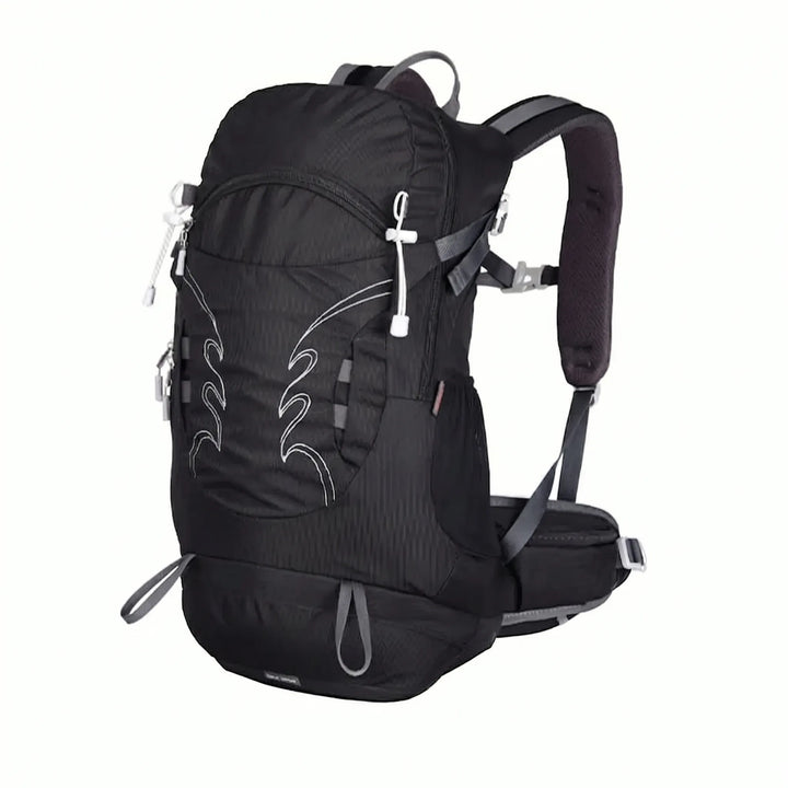 Close-up of men's 30L hiking backpack material, ready for rugged outdoor adventures and camping.