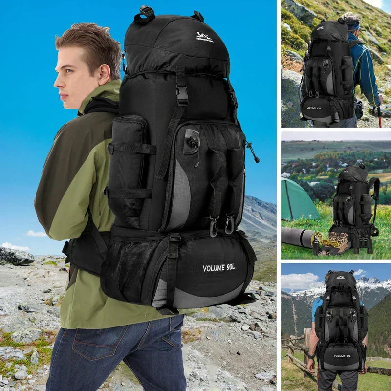 Men's 90L hiking backpack with multiple compartments, ideal for long treks & camping adventures.