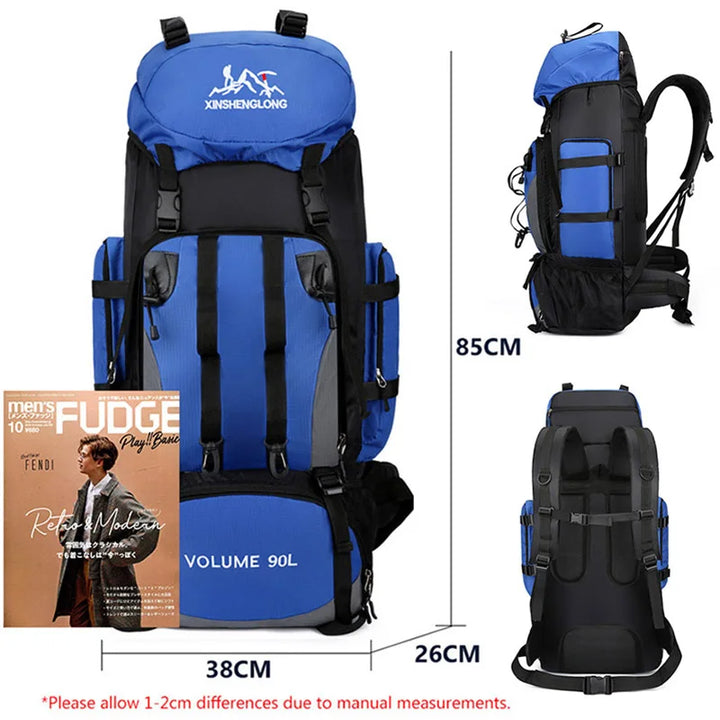 Large capacity 90L waterproof men's hiking backpack, durable for outdoor gear & travel.