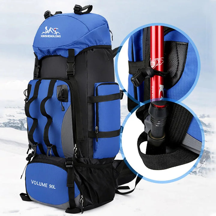 Adventure-ready men's trekking backpack, 90L with strategic compartments for organized outdoor gear.