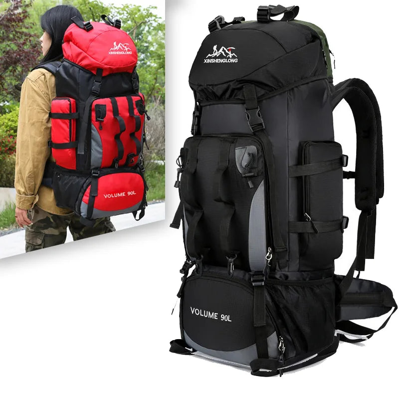 Spacious 90L travel pack for men, a large capacity hiking backpack with multiple organizational compartments.