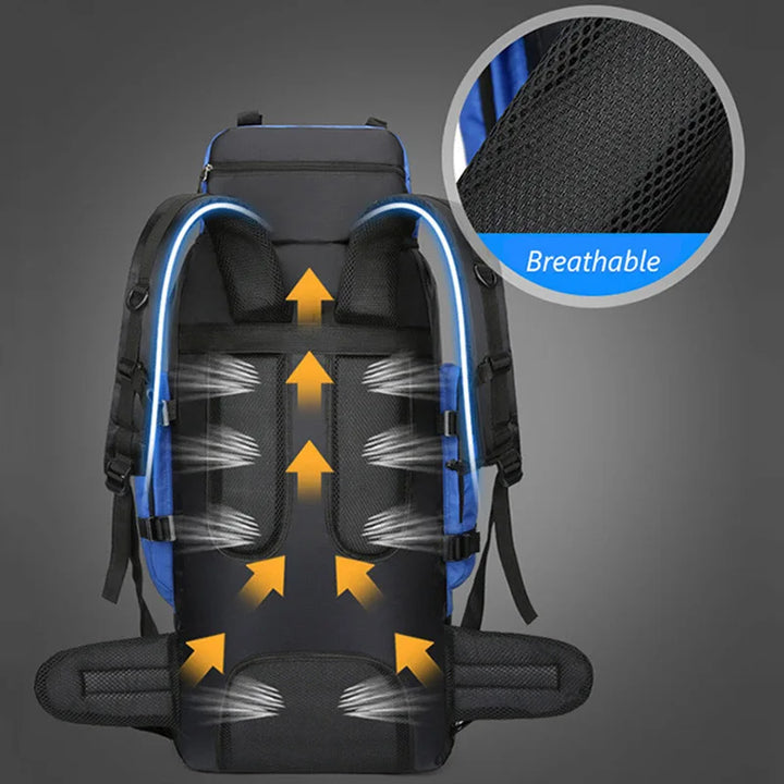 Durable men's 90L waterproof hiking backpack, multiple compartments for organized camping & trekking gear.